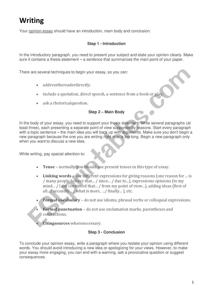 Writing an opinion essay worksheet