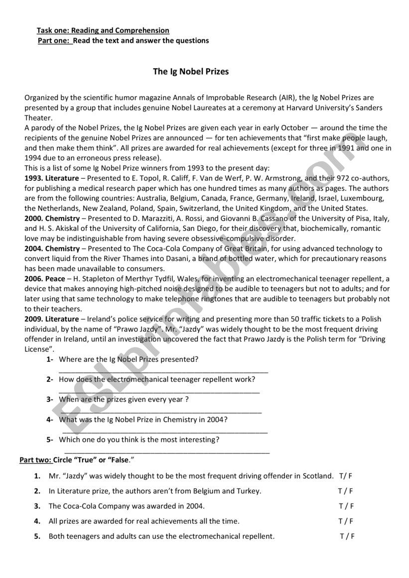 Reading Comprehension worksheet