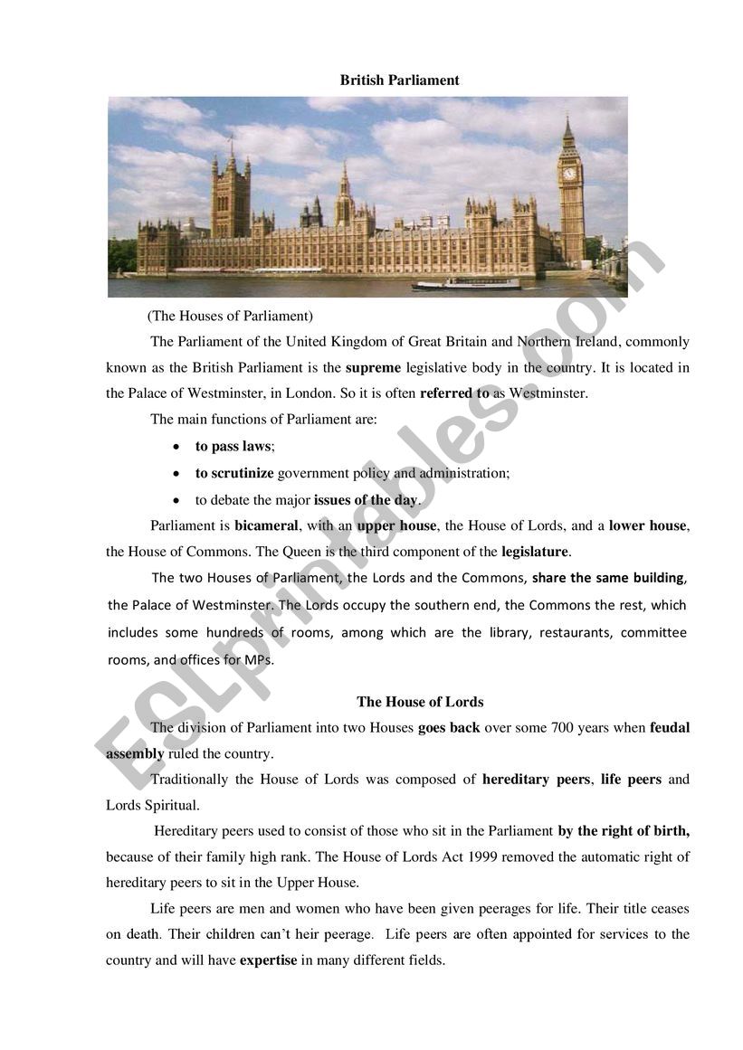British parliament worksheet