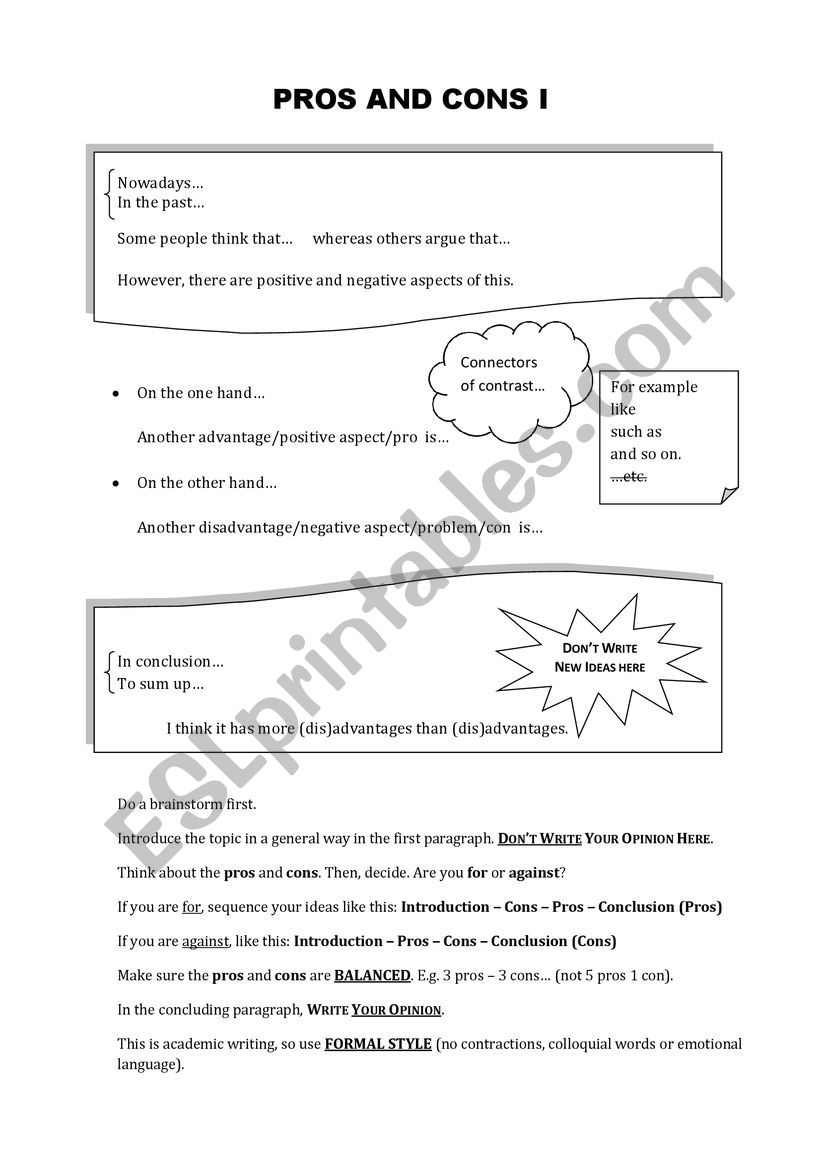 Pros and cons layout worksheet