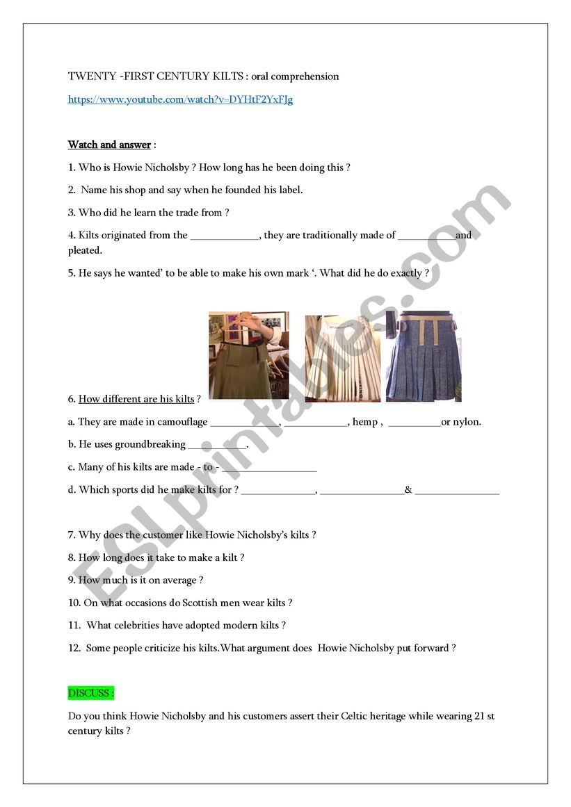 Kilts in the 21st century  worksheet