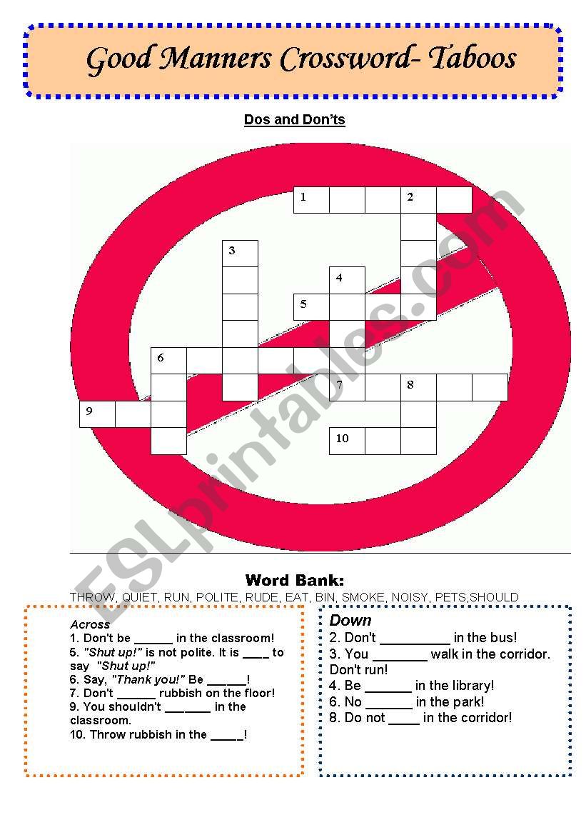 good manners crossword- taboos