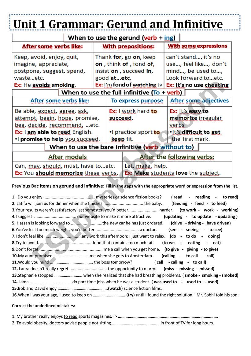 Gerund and Infinitive worksheet