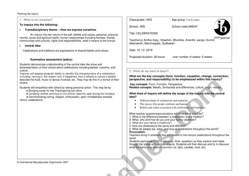 Celebration Planner worksheet