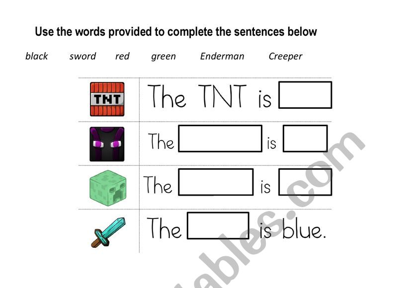Minecraft missing words worksheet