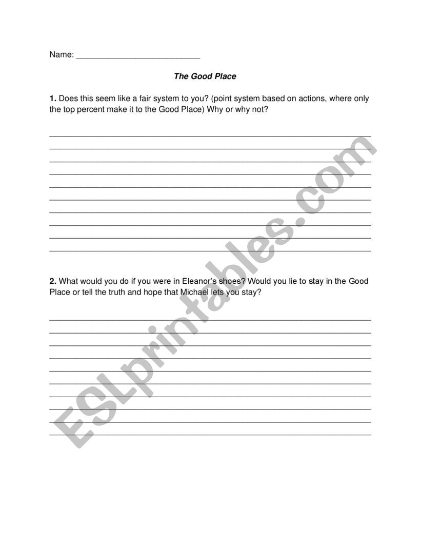 The Good Place Pilot Episode worksheet