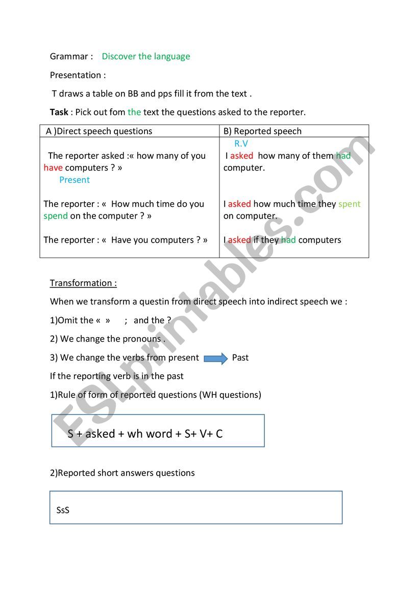 reporting questions worksheet