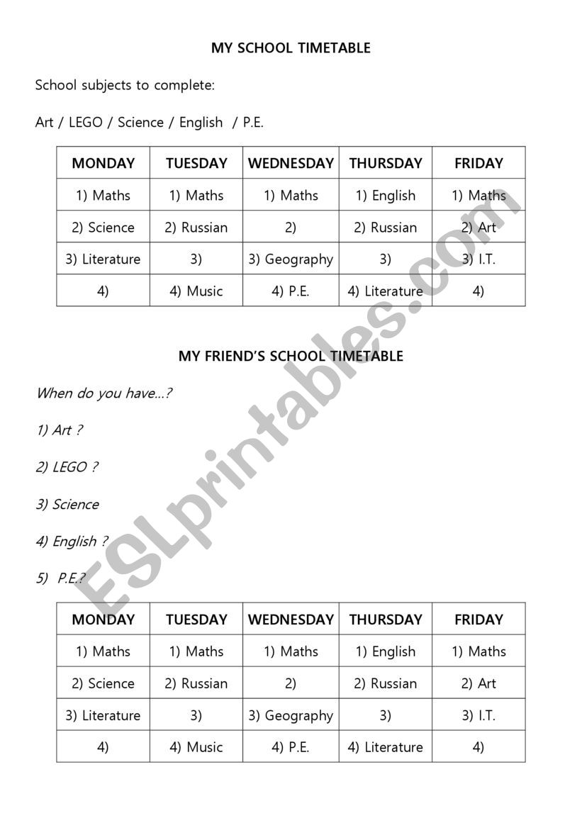 Pair work worksheet school timetable