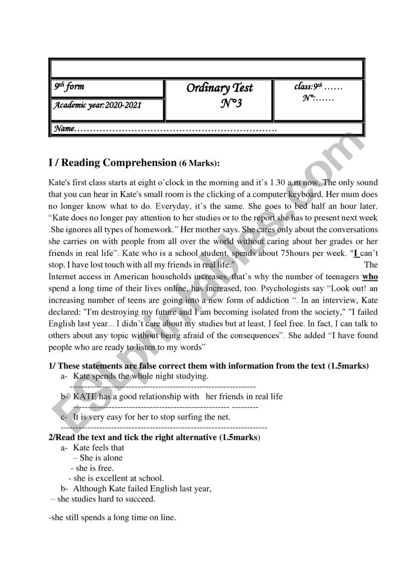 MID TERM TEST worksheet