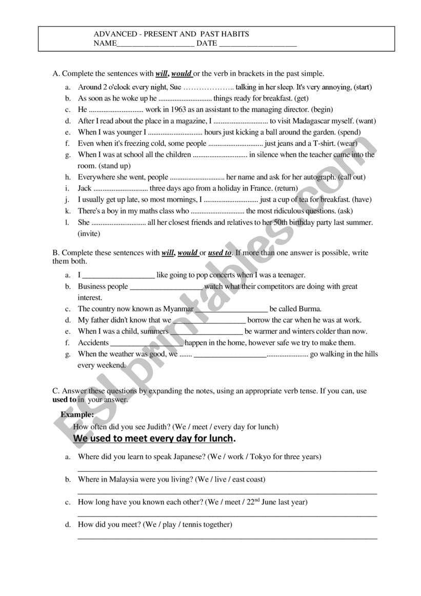 Present and Past Habits worksheet