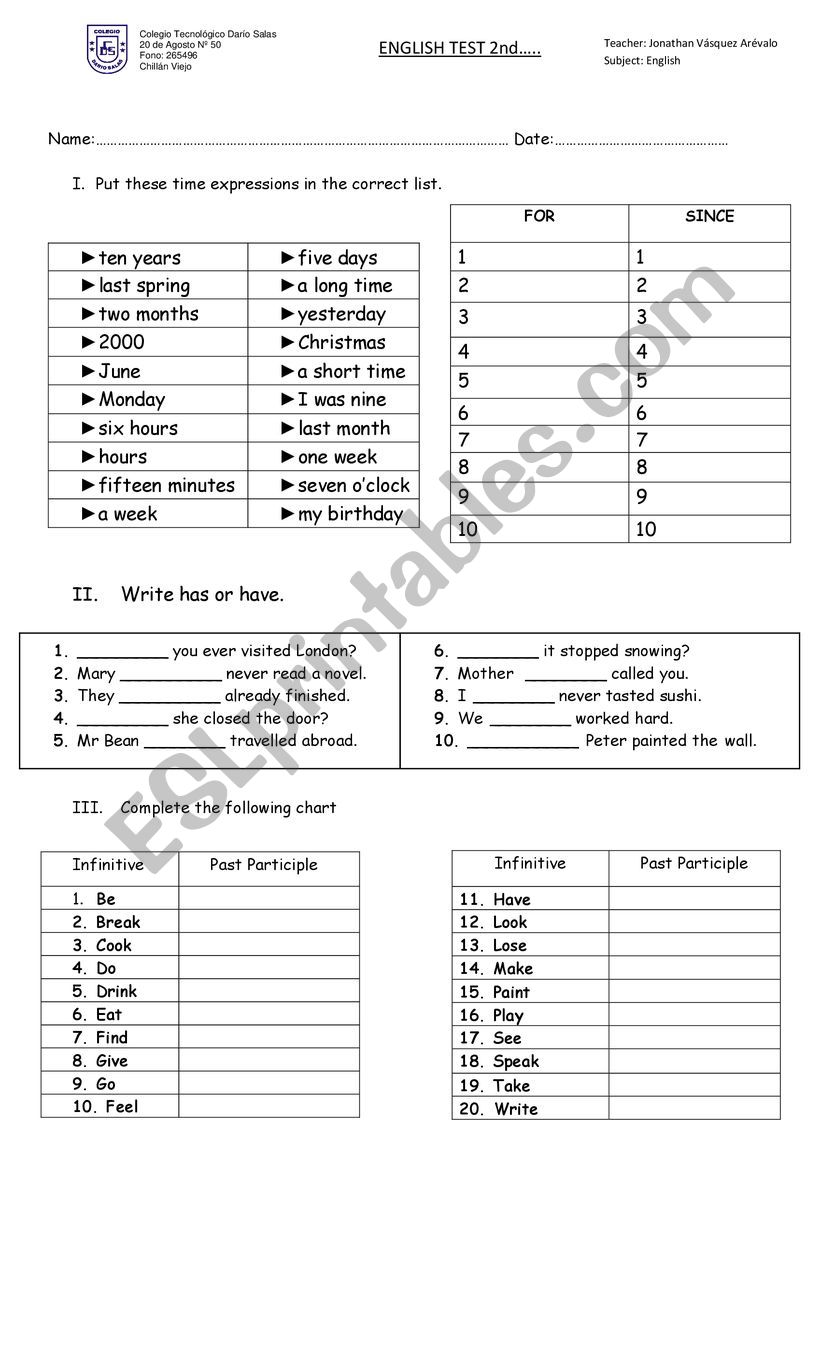 present perfect test worksheet