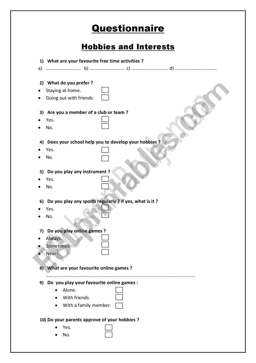 hobbies worksheet