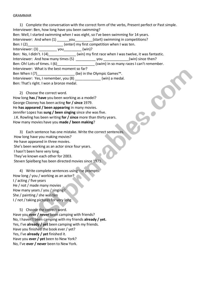 present perfect worksheet