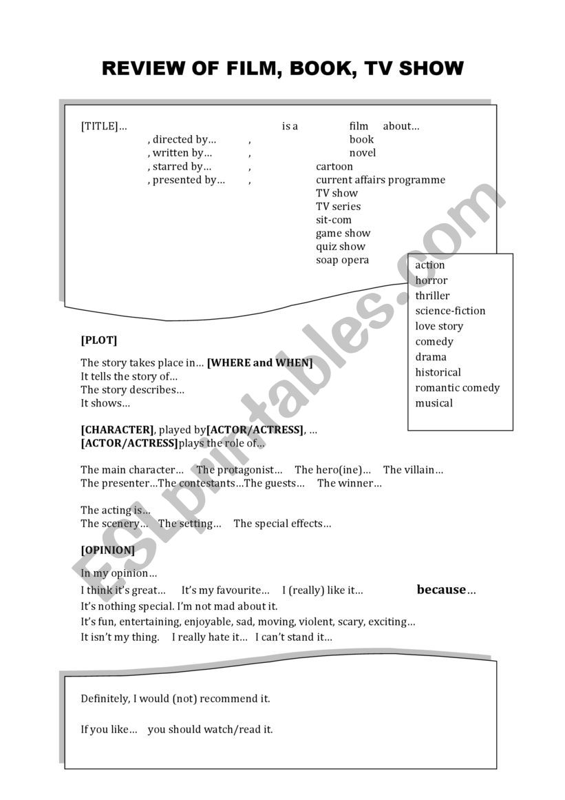 Film or book review worksheet