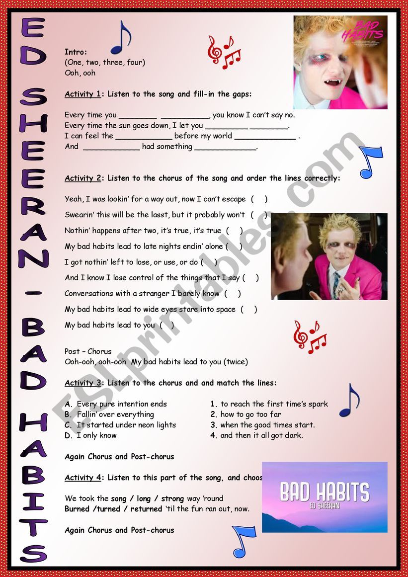 Bad Habits by Ed Sheeran - ESL worksheet by angiec4