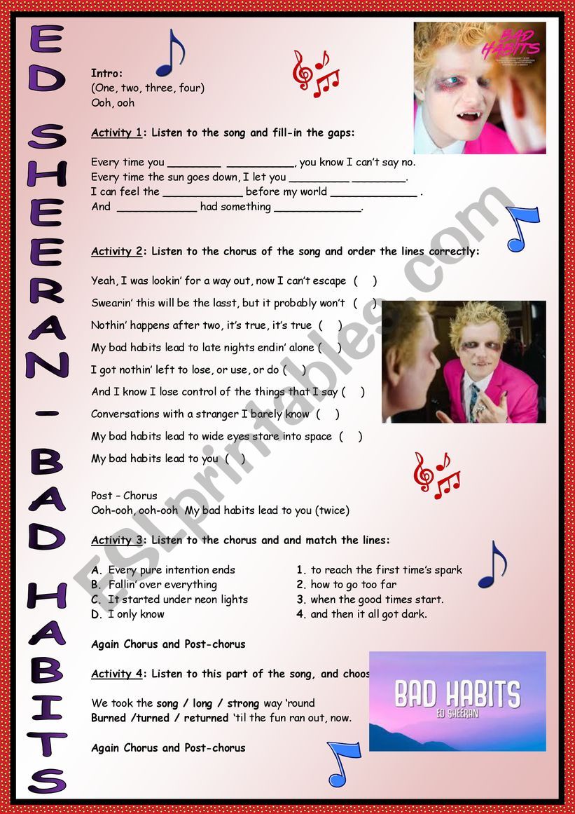 Bad Habits by Ed Sheeran worksheet