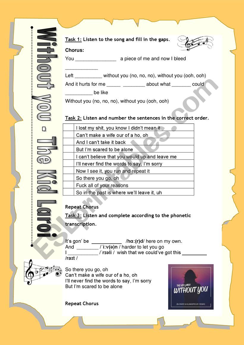 Without you by The Kid Laroi worksheet