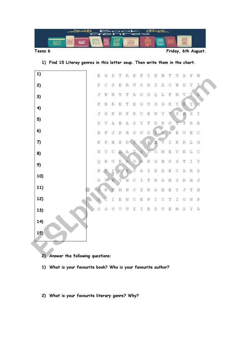 Literary Genres Wordsearch and Questionnaire