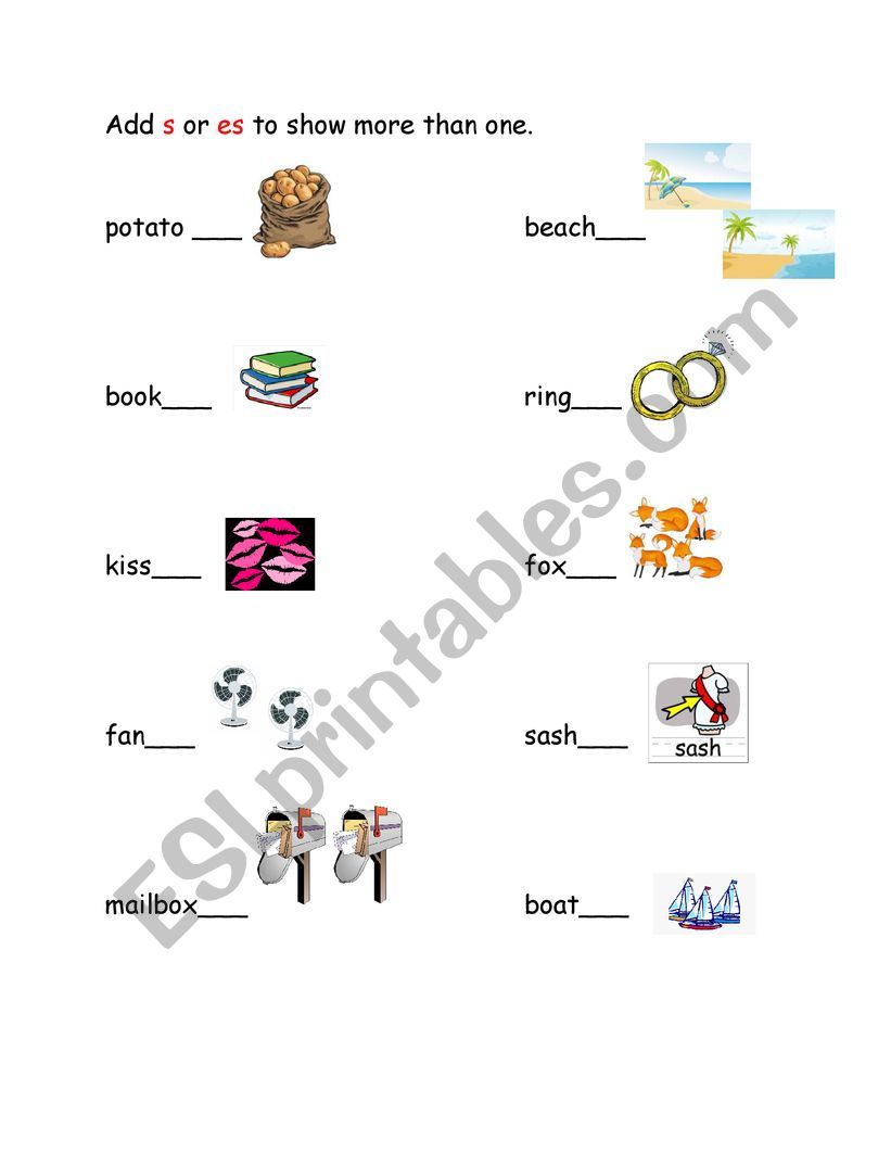 Plurals-Adding s/es worksheet