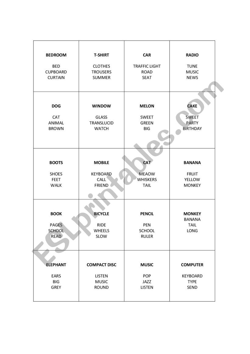 Taboo game worksheet