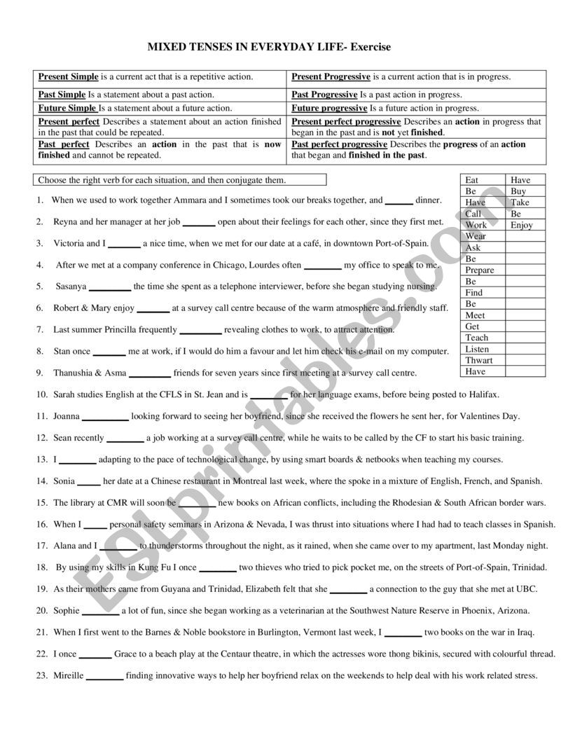 Mixed tenses in everyday life worksheet
