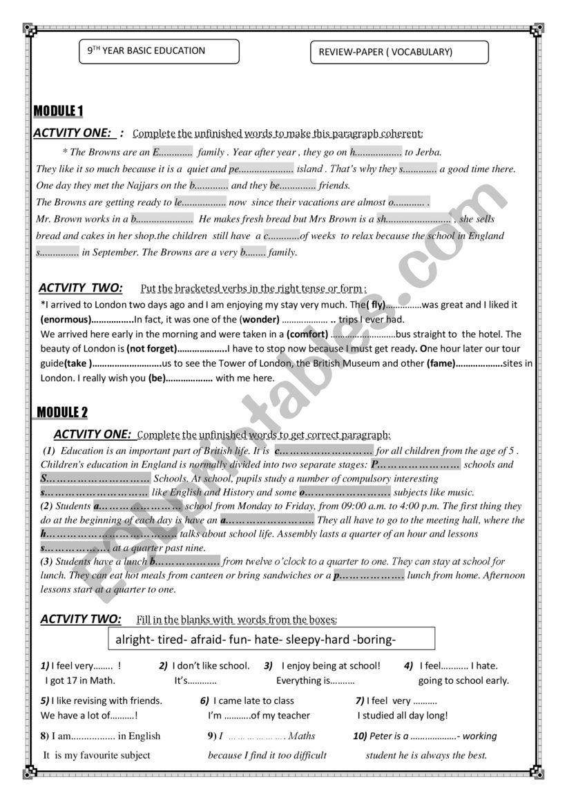 Catch -Up sessions / vocabulary for 20th Grade Basic Education For 9th Grade Vocabulary Worksheet