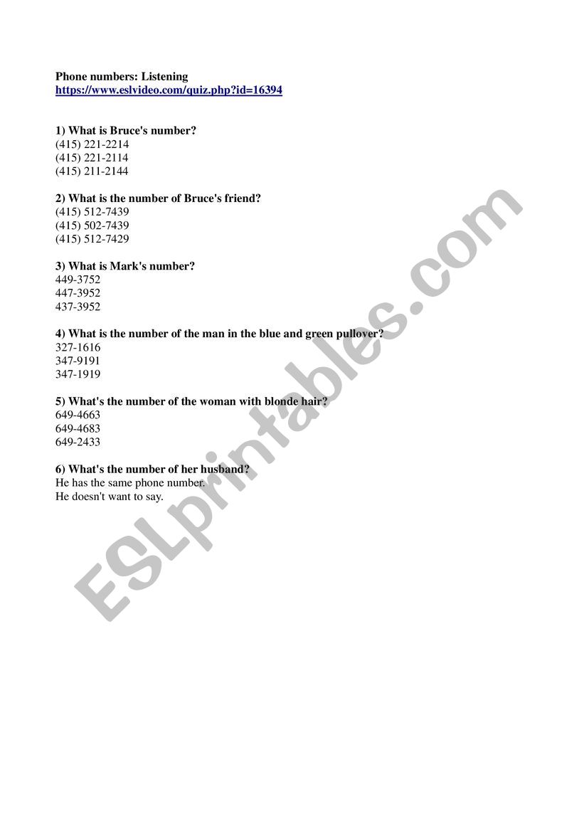 Listening: telephone numbers worksheet