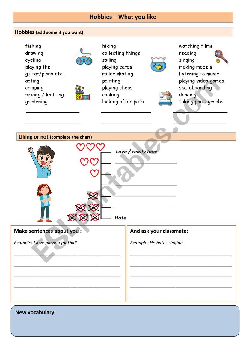 Hobbies and what you like worksheet