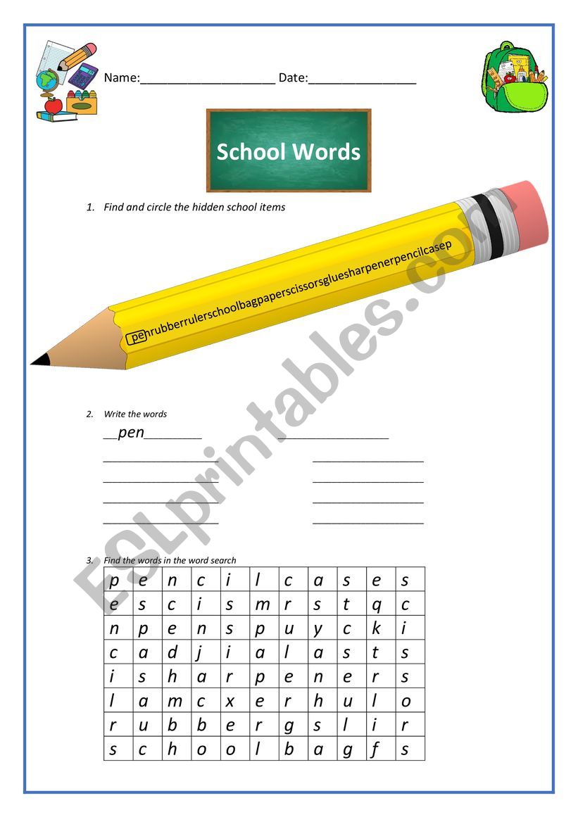 School Supplies Worksheet for Young Learners
