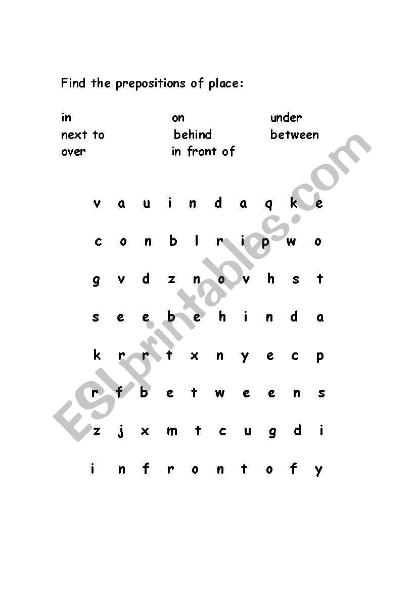 Prepositions of Place Wordsearch