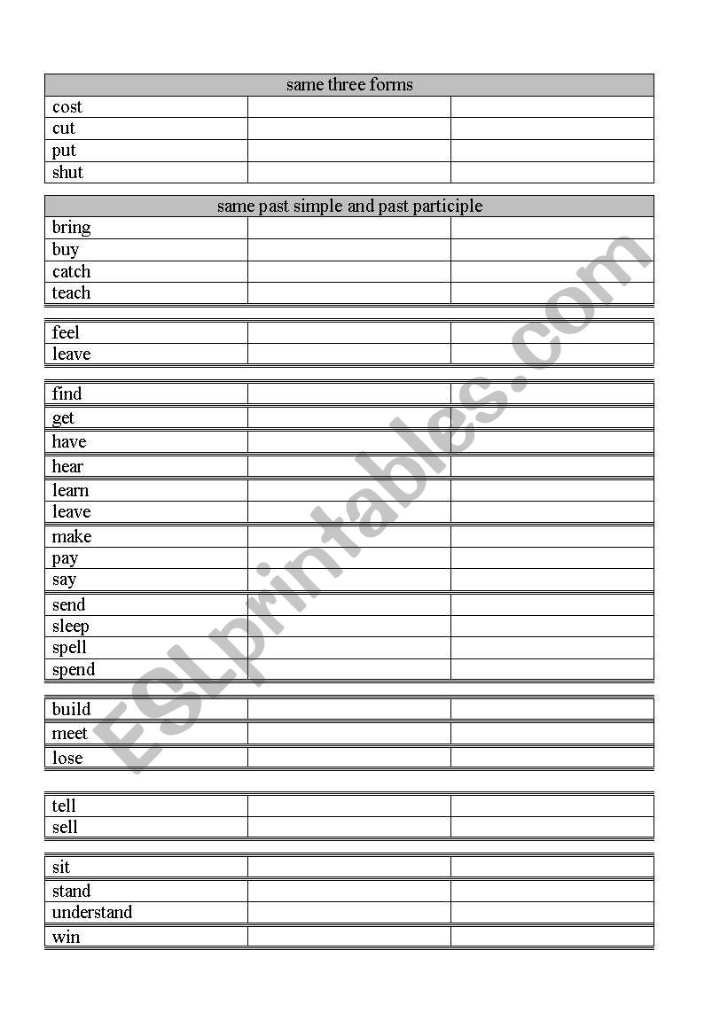 Irregular Verbs worksheet