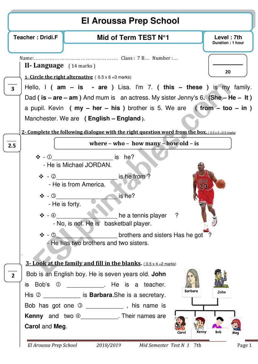 Mid of term Test 7th worksheet