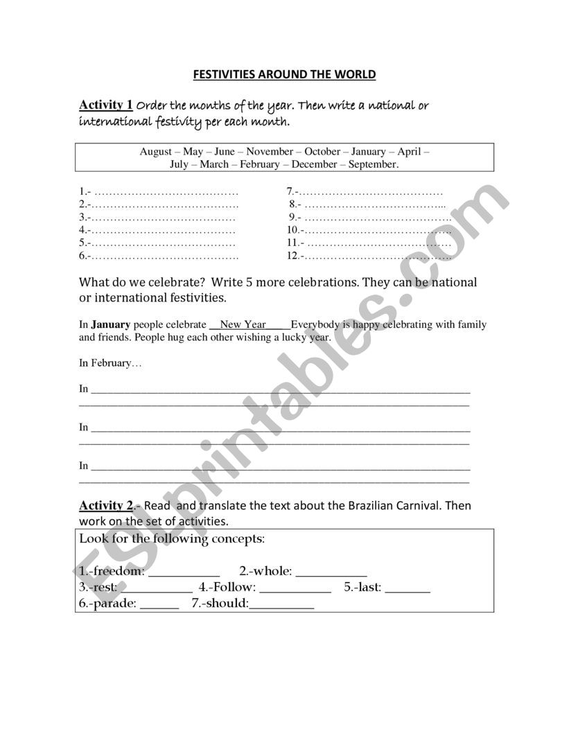 Festivities around the world worksheet