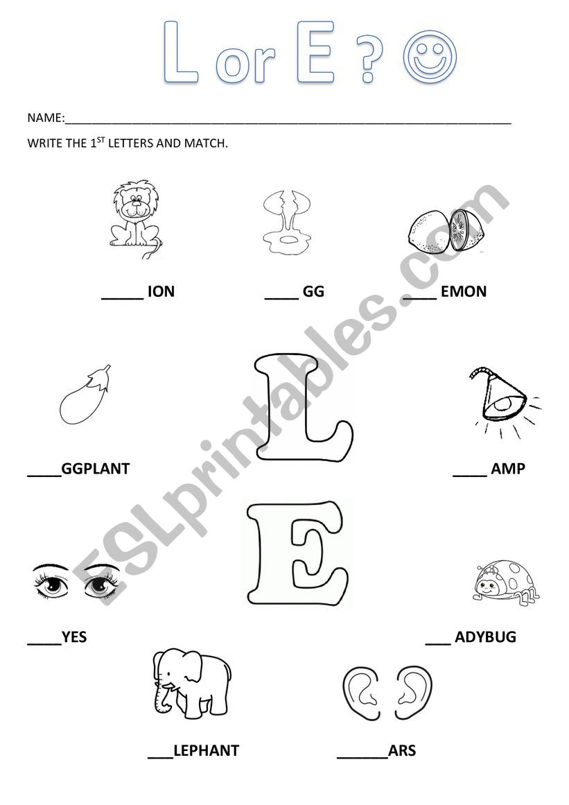 Letters L and E (phonics) write the 1st letters and match