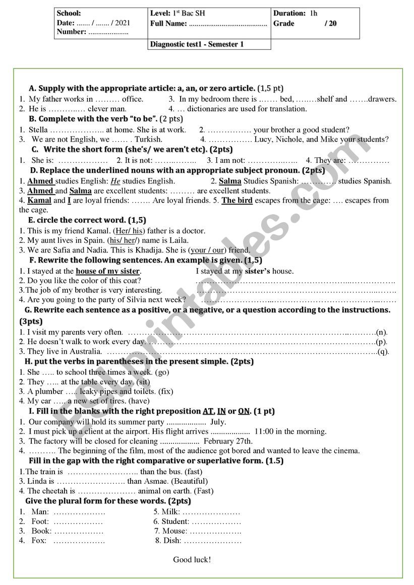 diagnostic test  worksheet