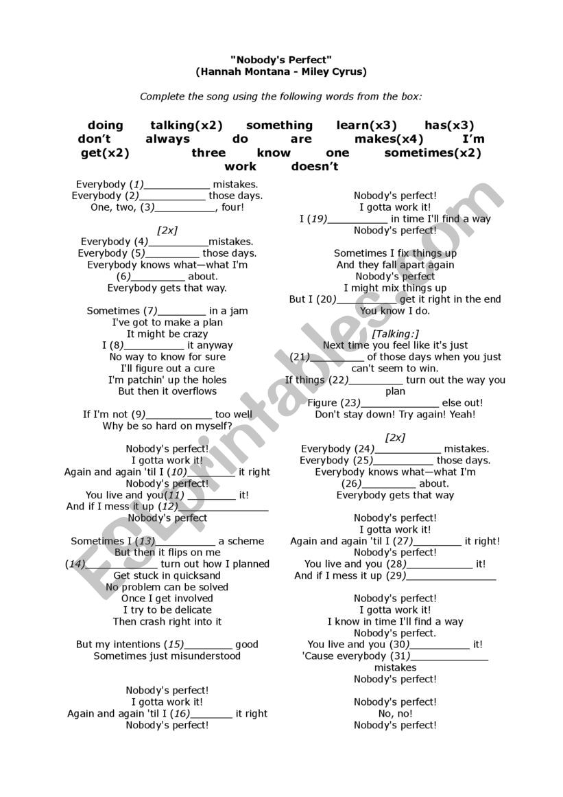 Nobody�s perfect worksheet