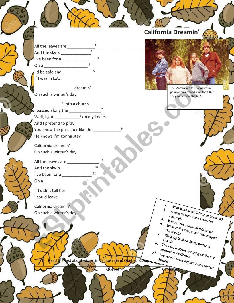 California DreaminÃ¯Â¿Â½ worksheet