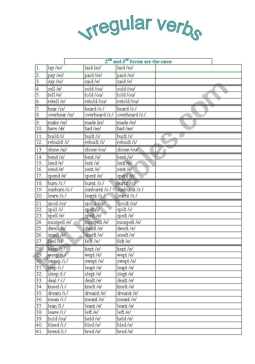 Irregular Verbs System worksheet