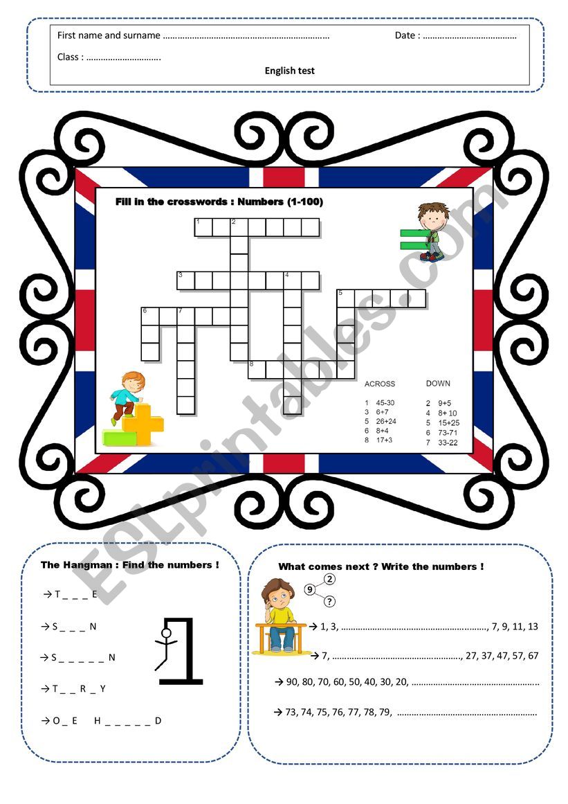 Numbers : written test  worksheet