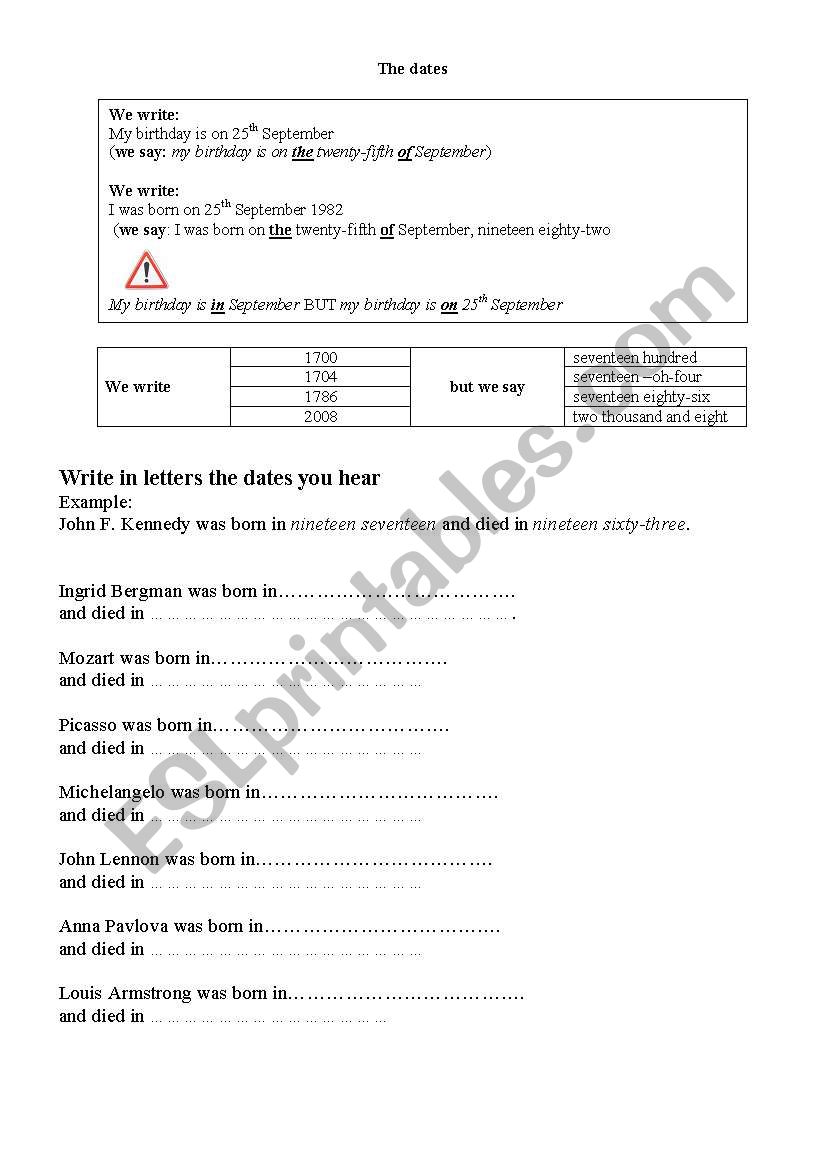 The dates and years worksheet