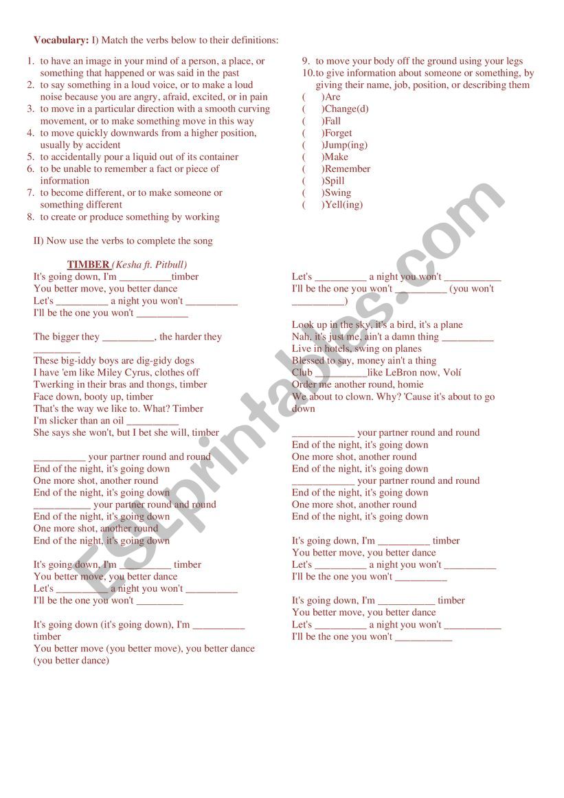 Timber - Kesha ft. Pitbull worksheet