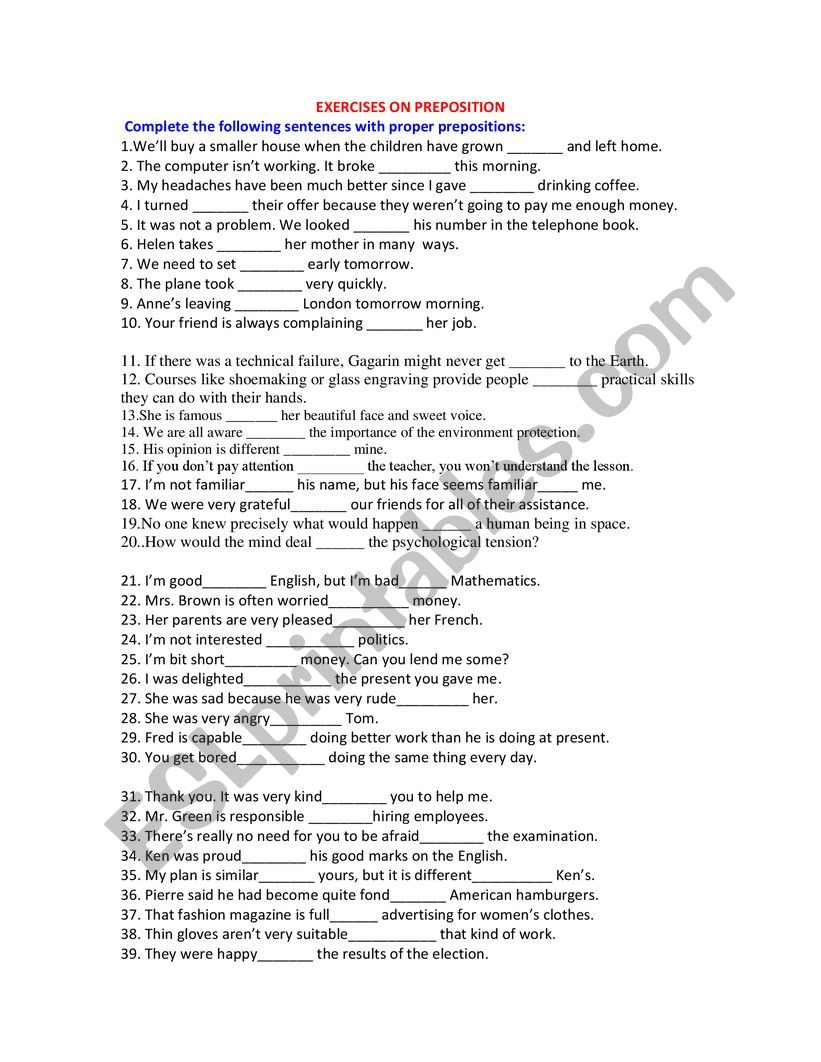 Prepositions worksheet