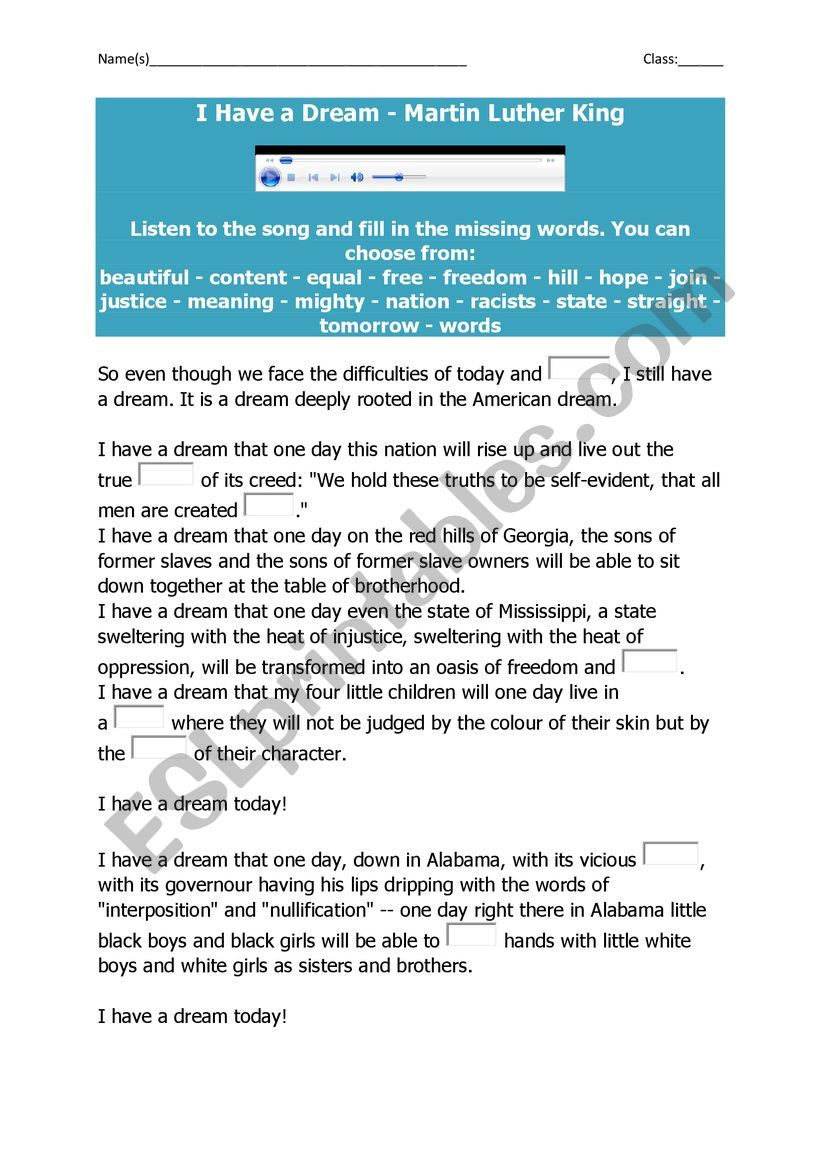 I Have A Dream (Gap Exercise) worksheet