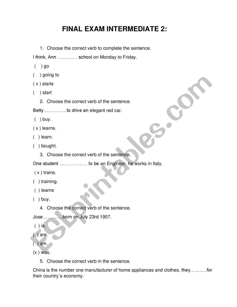 FIMAL INTERMEDIATE EXAM worksheet