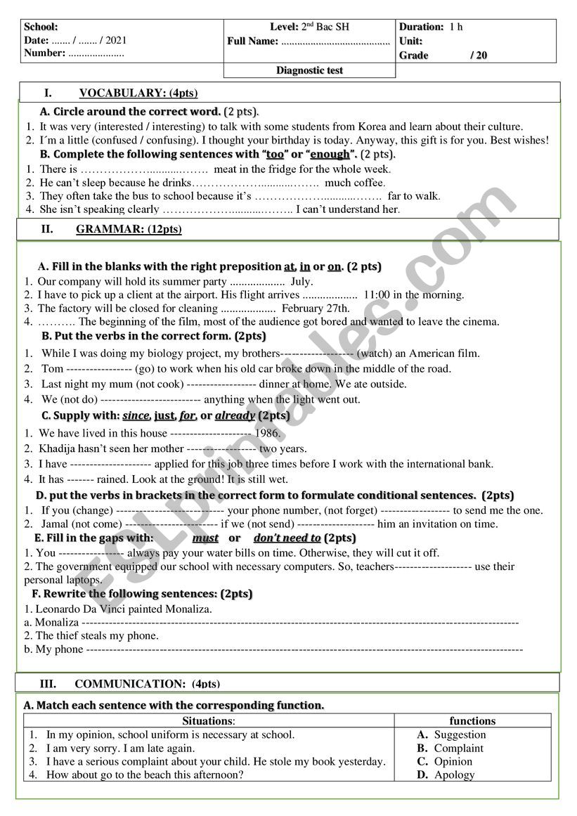 diagnostic test 2 bac worksheet