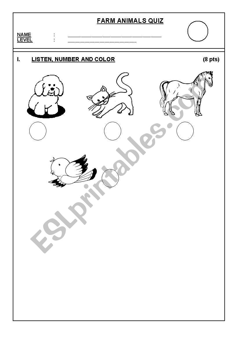 FARM ANIMALS TEST worksheet