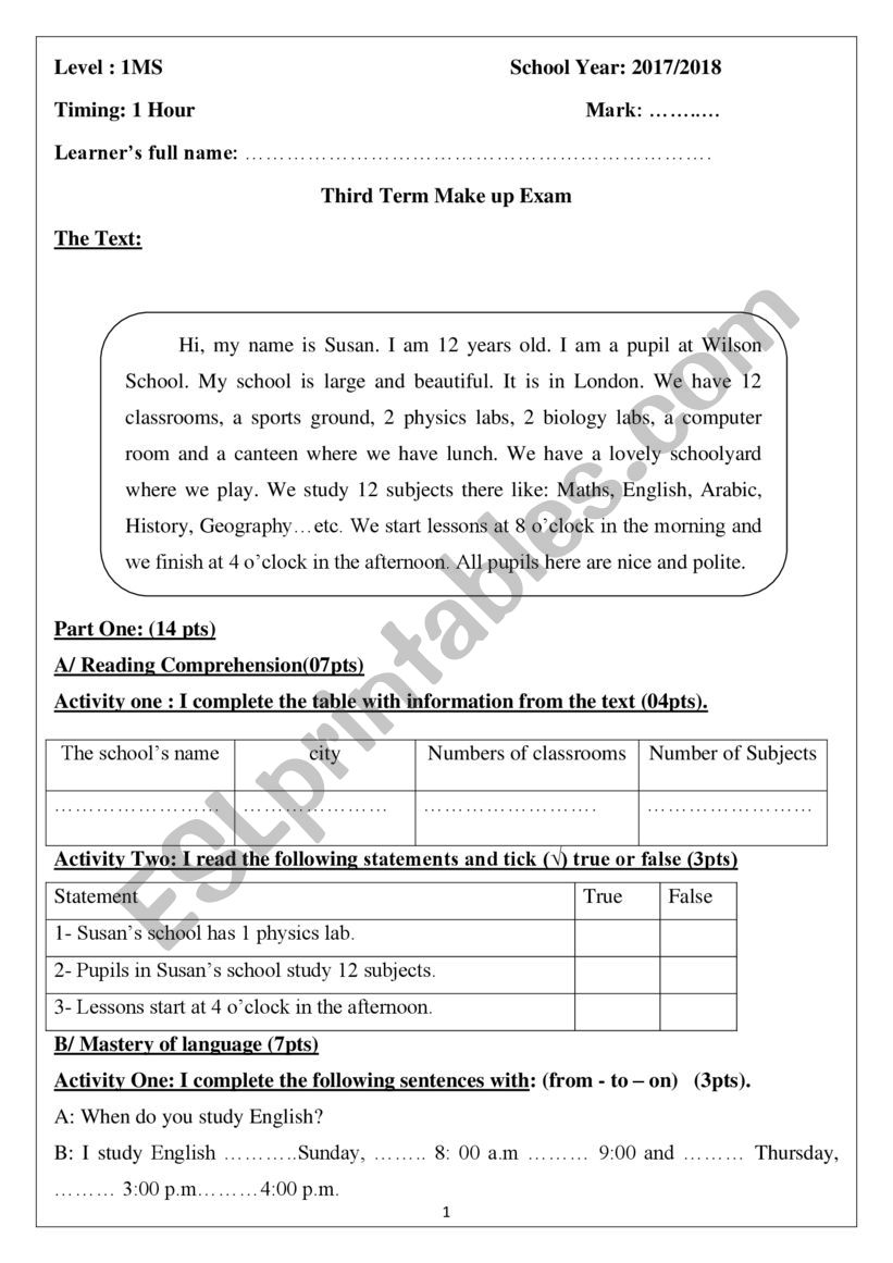 test worksheet