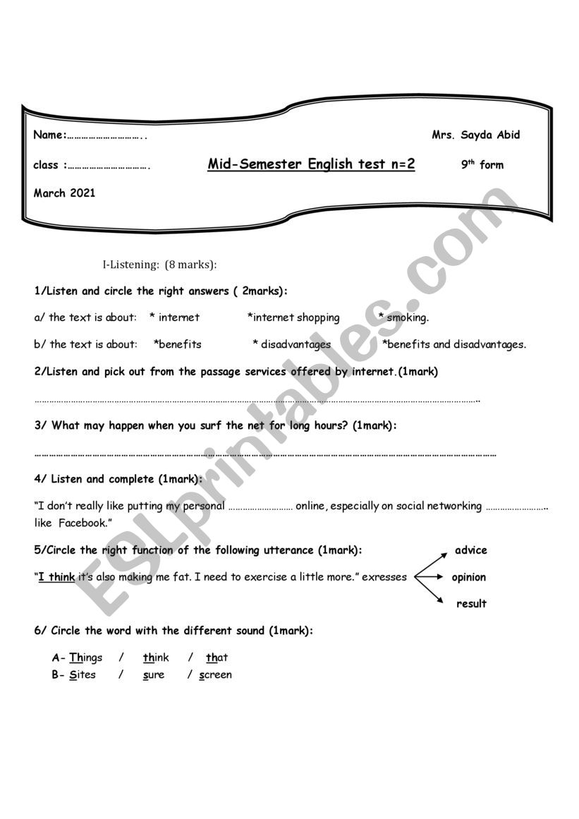 9th form test worksheet