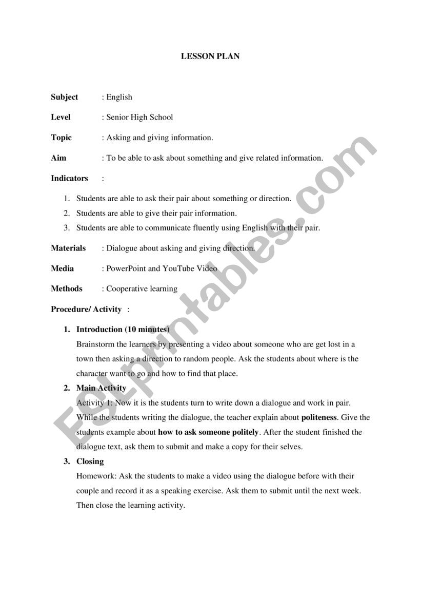 Lesson Plan For Senior High School ESL Worksheet By Sila1993