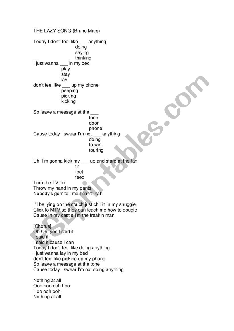 THE LAZY SONG worksheet